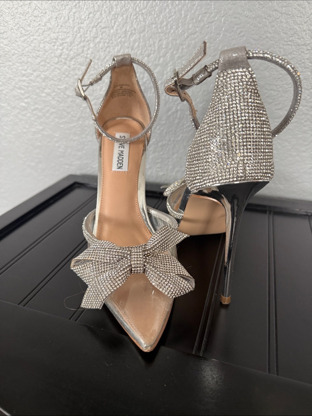 Steve Madden Silver Rhinestone Bow Ankle-Strap Stilettos